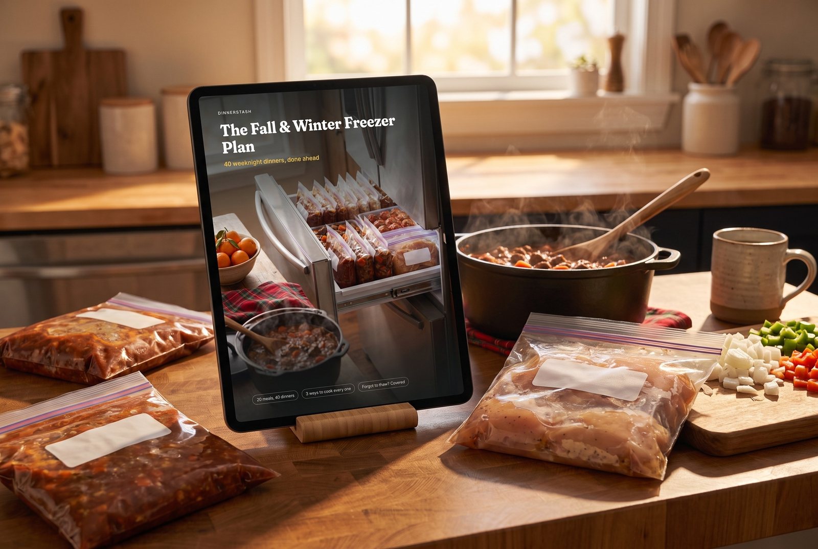 The Fall & Winter Freezer Plan open on a tablet beside flat labeled freezer bags and a pot of chili